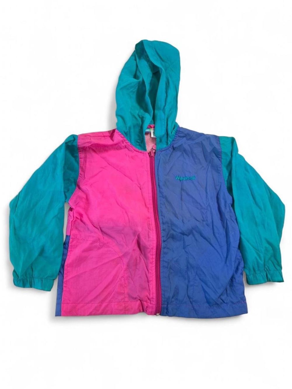 Vintage Weebok Kids Windbreaker Jacket Size 5 Teal Pink Colorblock Hooded